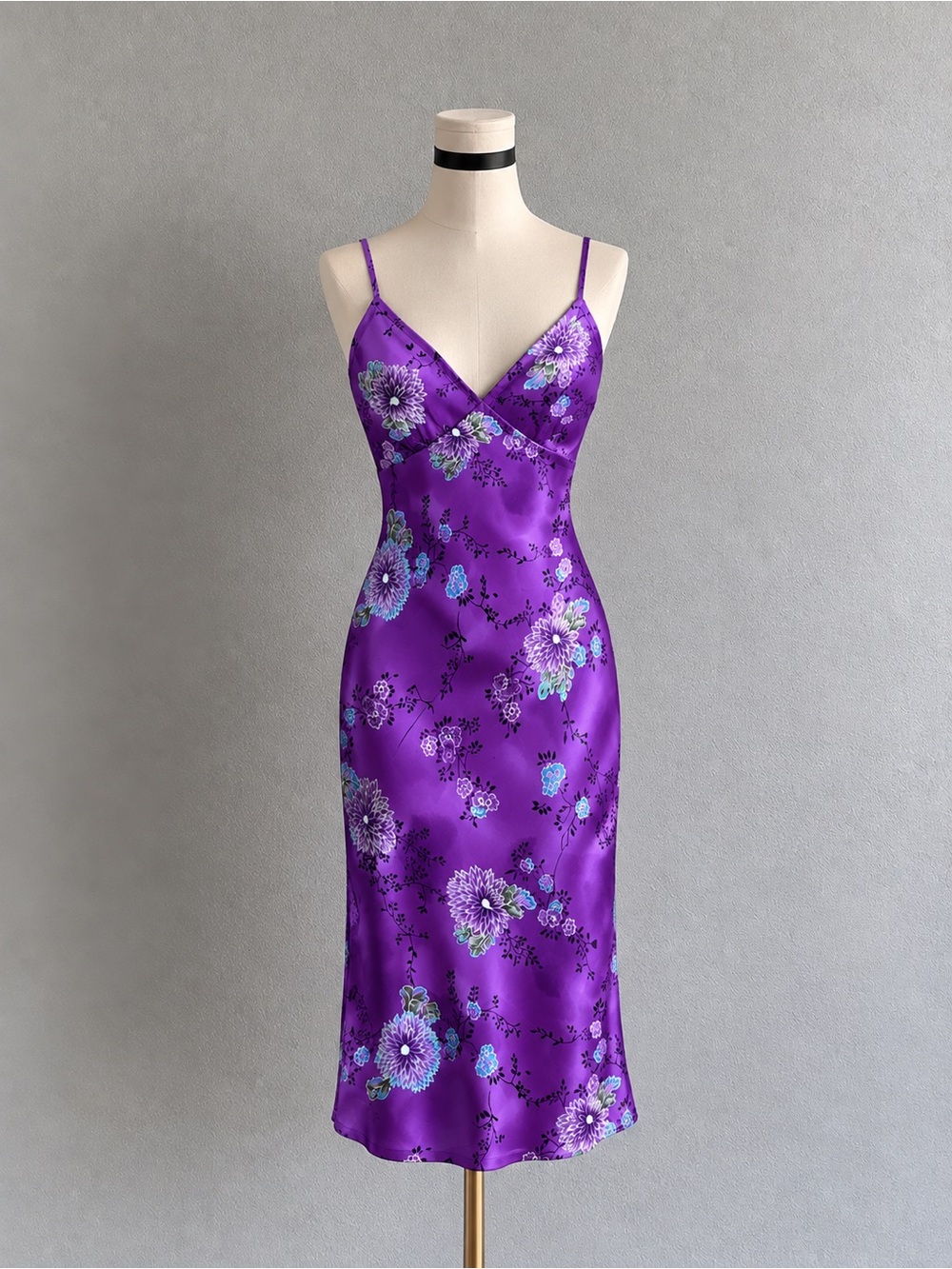 Vintage Y2K Purple Satin Asian-Inspired Floral Slip Dress | S